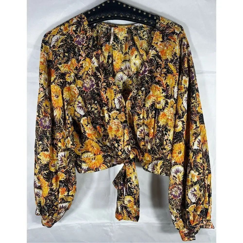 Free People floral tie front balloon sleeve blouse